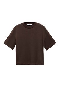 Brown short-sleeve t-shirt made of soft cotton. Features a round neckline and a boxy fit, with a smooth texture and no visible patterns.