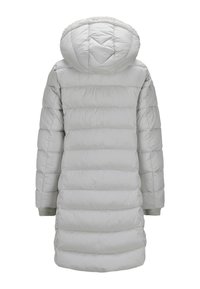 Helle graue, gepolsterte Parka mit Kapuze, die ein gestepptes Design, gerippte Strickbündchen und ein weiches Futter aufweist. Die Rückansicht zeigt einen langen Schnitt.