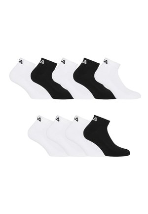 Dix chaussettes cheville en noir et blanc disposées en deux rangées, avec un petit logo près du bord supérieur.