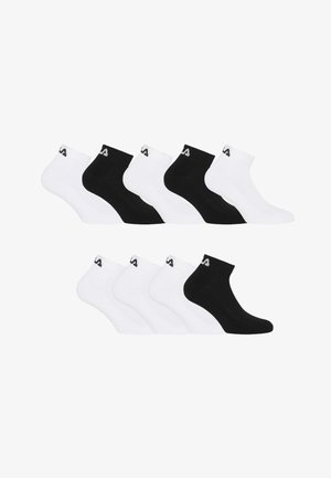 Dix chaussettes cheville en noir et blanc disposées en deux rangées, avec un petit logo près du bord supérieur.