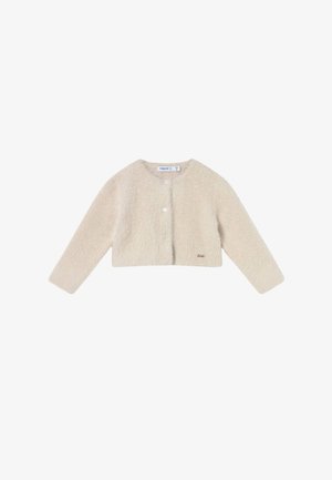 Cardigan corto a maniche lunghe color crema con collo rotondo e chiusura a bottoni, realizzato in morbido tessuto peloso per bambini di 12 mesi.