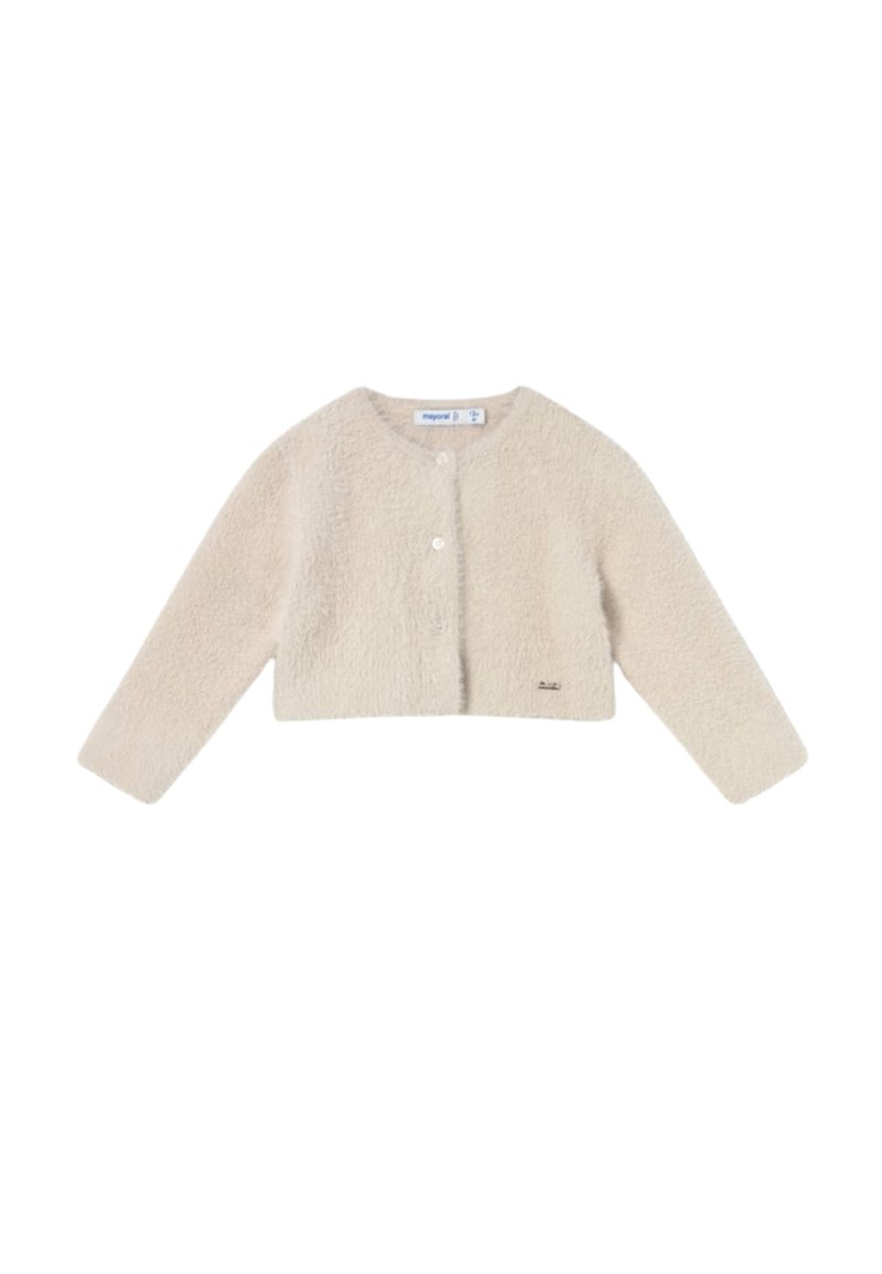 Cardigan corto a maniche lunghe color crema con collo rotondo e chiusura a bottoni, realizzato in morbido tessuto peloso per bambini di 12 mesi.