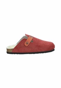 Rote Corduroy-Slipper mit grauem Textilfutter, Korkfußbett und braunem Lederakzent mit Knopfdetail. Schwarze Gummisohle.