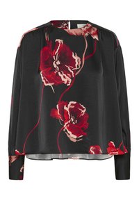 Blusa nera a maniche lunghe con stampa floreale rossa e rosa, scollatura rotonda e chiusura con bottoni sul retro.