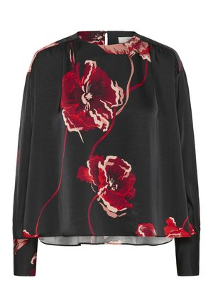 Blusa nera a maniche lunghe con stampa floreale rossa e rosa, scollatura rotonda e chiusura con bottoni sul retro.