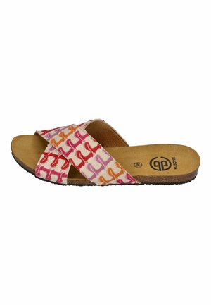 Open-toe slide sandal with crisscross fabric straps in pink, orange, and red patterns on a tan footbed with a black sole.