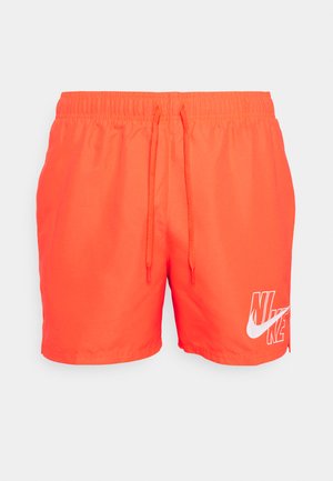 Bright orange swim shorts with an elastic waistband and drawstring, featuring a white Nike logo on the left side. Made from stretchy material.