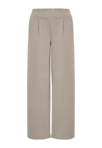 Hlače širokih nogavic v svetli bež barvi, z elastičnim pasom, gladko teksturo in dvema sprednjima gubama za dodaten detajl.