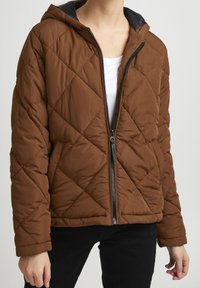 Veste matelassée marron avec capuche, dotée d'une fermeture éclair frontale et d'une doublure noire. Fabriquée en tissu lisse, conçue pour la chaleur et le confort.