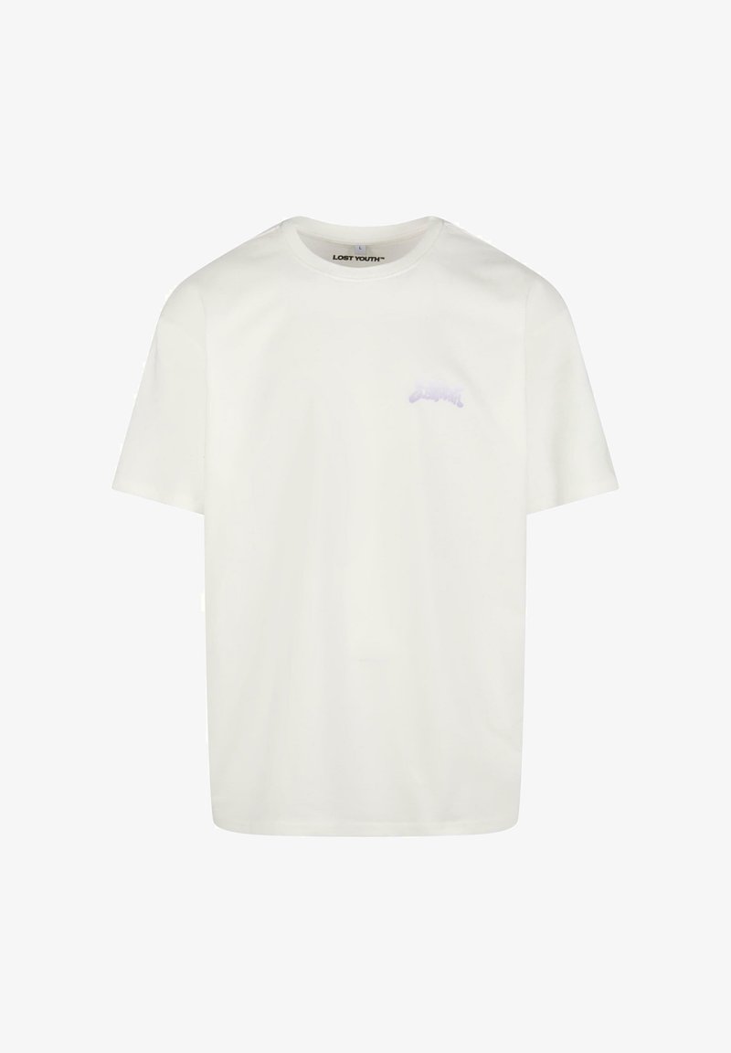 Witte katoen t-shirt met korte mouwen, ronde hals en een klein lichtpaars logo op de linkerborst. Zachte textuur.