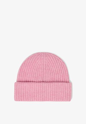 Pink knitted beanie with a ribbed texture, featuring a folded cuff at the base. Made of soft material, rounded top design.