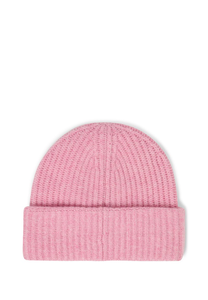 Beanie rosa lavorato a maglia con una texture a coste, caratterizzato da un risvolto alla base. Realizzato in materiale morbido, design con parte superiore arrotondata.