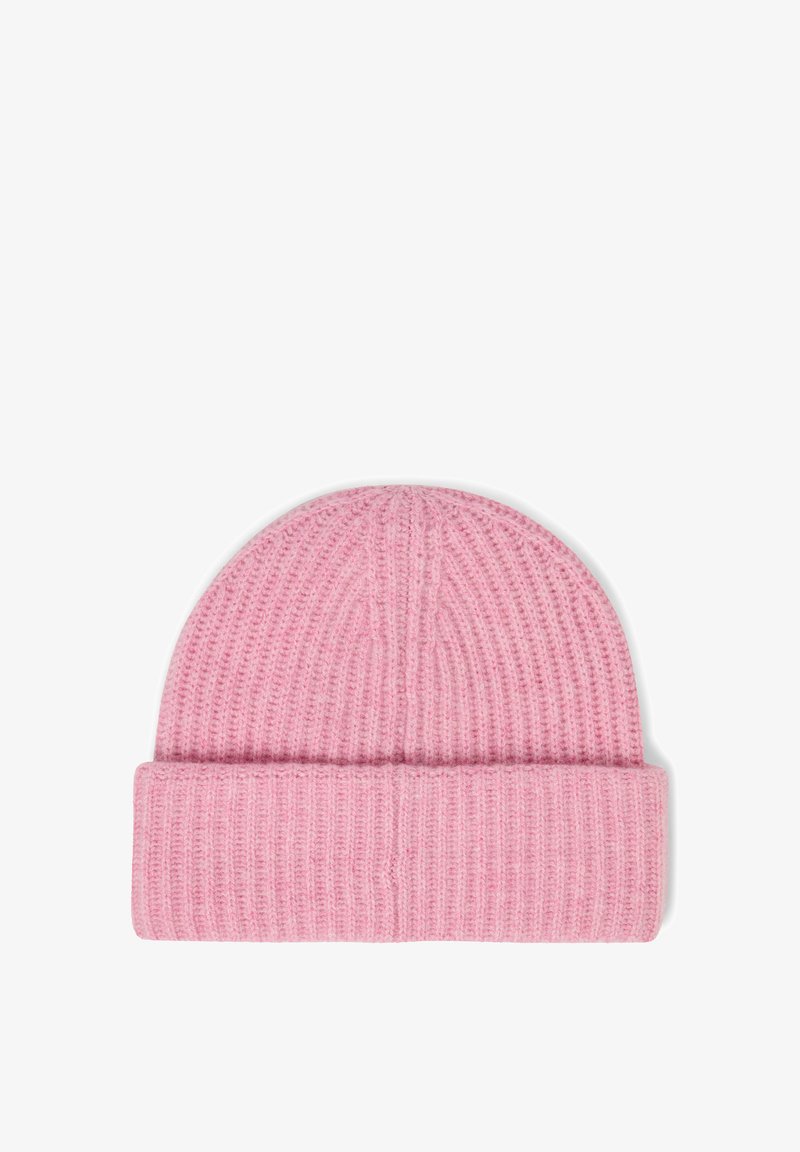 Beanie rosa lavorato a maglia con una texture a coste, caratterizzato da un risvolto alla base. Realizzato in materiale morbido, design con parte superiore arrotondata.