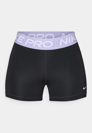 Melnas šortus ar gludu tekstūru un lavandas jostu ar uzrakstu "NIKE PRO". Satur nelielu balto Nike logo uz kājas.