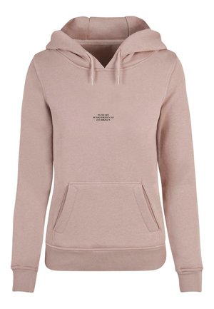 Różowa bluza z kapturem z przednią kieszenią, sznurkiem przy kapturze i nadrukowanym tekstem na klatce piersiowej. Miękka tkanina oraz ściągacze na mankietach i u dołu.
