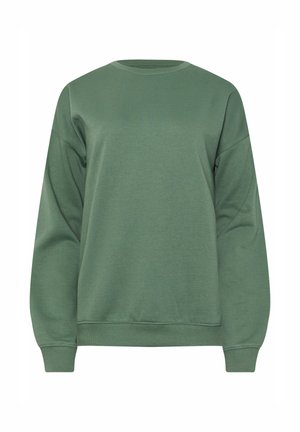 Grøn sweatshirt i blødt stof med rund halsudskæring, lange ærmer og ribkantede mansjetter og bund. Enkelt, minimalistisk design uden mønstre.