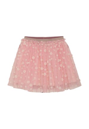 Jupe en tulle rose avec des applications florales et une taille élastique, avec un motif à carreaux doux en dessous.