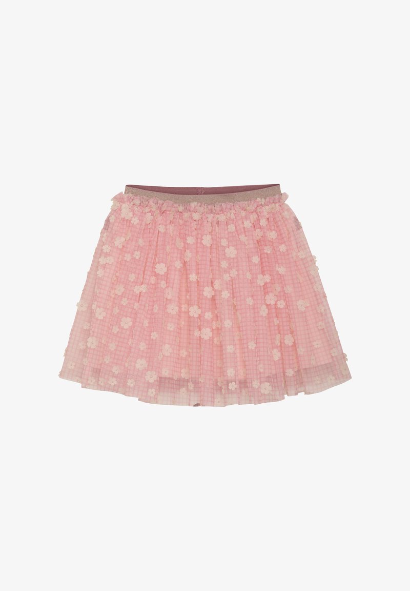 Jupe en tulle rose avec des applications florales et une taille élastique, avec un motif à carreaux doux en dessous.