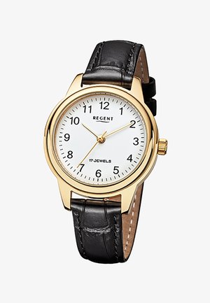 Montre analogique ronde en or avec cadran blanc, chiffres noirs, trois aiguilles dorées et bracelet en cuir noir.