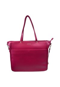 Borsa tote in pelle rosa effetto textured con manici doppi, chiusura con zip e tasca frontale. Presenta hardware color oro e logo stampato in rilievo.