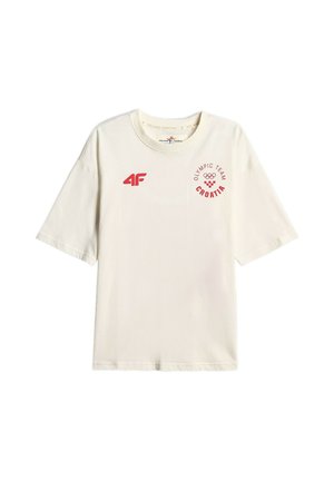 Biały t-shirt z krótkim rękawem z czerwonym napisem "Olympic Team Croatia", olimpijskimi pierścieniami i logo "4F" na piersi.