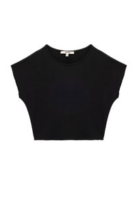 Crop top noir en tissu texturé, avec un col arrondi et des manches courtes, offrant une silhouette ample et un design minimaliste.