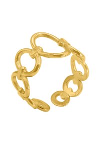 Anello d'oro con forme ovali e circolari intrecciate, con una finitura lucida e una superficie liscia. Nessun abbellimento o pietre visibili.