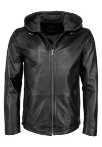Černá kožená bunda se šedou kapucí, vybavená předním zipem, dvěma bočními kapsami a hladkým povrchem. Přiléhavý střih a moderní design.