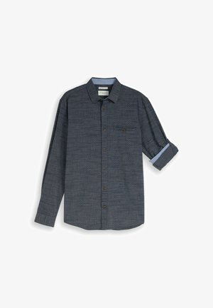 Donkergrijs overhemd met lange mouwen, knopen, subtiel patroon, één borstzak en één opgerolde mouw die een lichtblauwe binnenvoering toont.