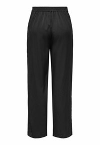 Pantalon noir, ample, en tissu lisse et léger, avec une ceinture élastique et sans poches visibles.