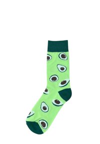 Grønne sokker med et avocado-mønster og mørkegrønne detaljer ved toppen og tåen. Lavet af blødt materiale, ideelt til hverdagsslitage.