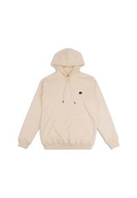 Beige mikina vyrobená z jemného materiálu, vybavená přední kapsou ve tvaru klokana, nastavitelnými tkaničkami a malým černým logem slona na hrudi.