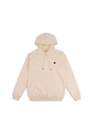 Sudadera beige hecha de tela suave, con un bolsillo delantero tipo canguro, cordones ajustables y un pequeño logotipo de elefante negro en el pecho.