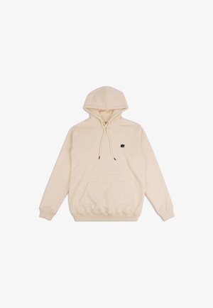 Beige Kapuzenpullover aus weichem Stoff, mit einer vorderen Kängurutasche, verstellbaren Kordeln und einem kleinen schwarzen Elefantenlogo auf der Brust.