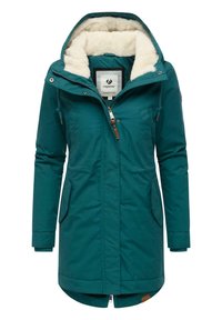 Teal wool-lined parka with a hood, front zipper, dual side pockets, drawstring waist, and leather accent on the hem.