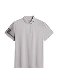Gray polo shirt made of smooth cotton. Features a collar, three buttons, and a black striped design on the left short sleeve.