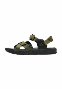 Sandal cu negru și verde, cu curele din plasă, catarame ajustabile, talpă robustă și model texturat pentru aderență. Proiectat pentru utilizare în aer liber.