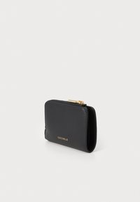 Black leather wallet with a textured finish, featuring a gold zipper and logo, rectangular shape, and compact design for easy storage.