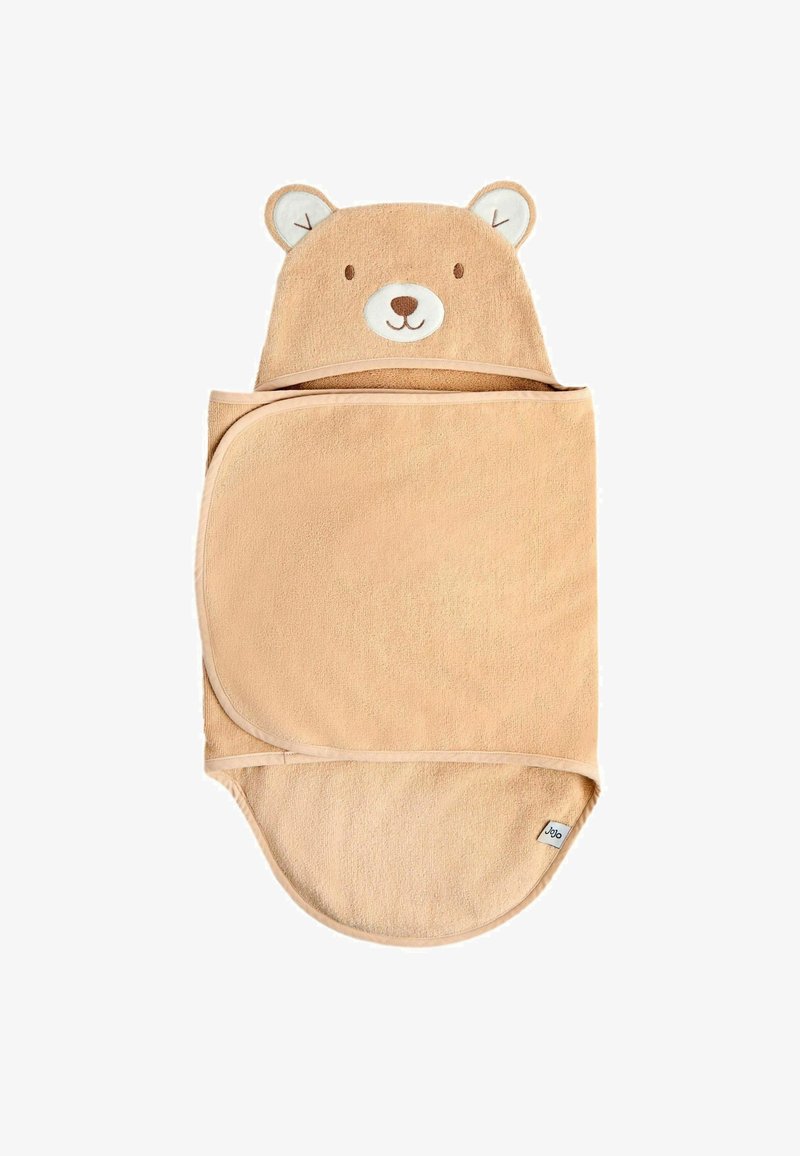 Obleka za plažo s kapuco v mehkem beigem blagu z medvedjo temo. Vsebuje ušesa in podrobnosti obraza. Gladka tekstura z zaokroženimi robovi in oznako na dnu.