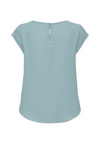 Hellblaues Kurzarmblusenshirt mit Reißverschluss am Rücken und abgerundetem Saum, von hinten auf einem einfarbigen Hintergrund gezeigt.