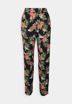 Pantalones florales con base negra y vibrante follaje en rosa y verde. La tela parece ligera con una pretina elástica.