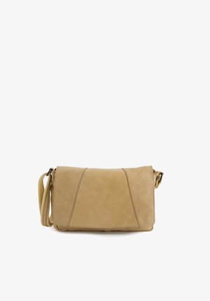 Lysebrun rektangulær læder crossbody taske med klaplukning og justerbar vævet rem mod hvid baggrund.
