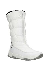 Witte gewatteerde winterlaars met een hoge schacht, ritsluiting, nep bont trim, gestructureerde zool en een gladde afwerking op het buitenmateriaal.