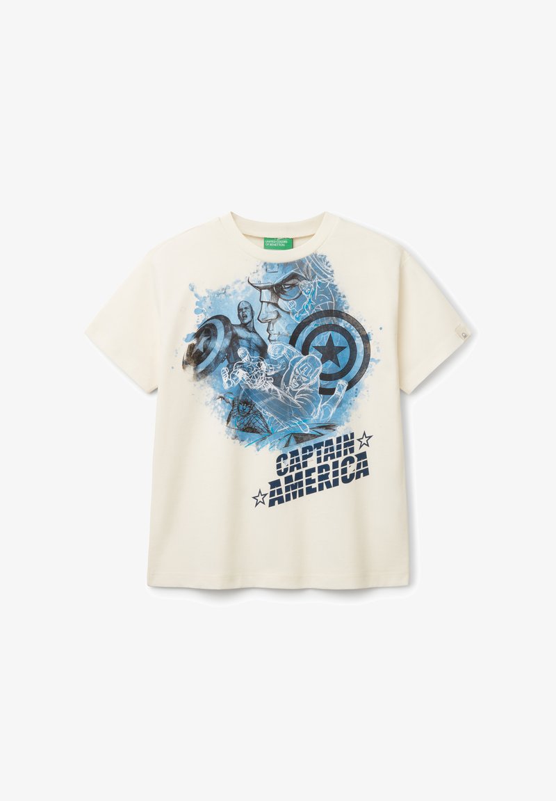 Krémové bavlněné tričko s modrou grafikou na motiv Captain America, se štíty a textem "CAPTAIN AMERICA" v dolní části.