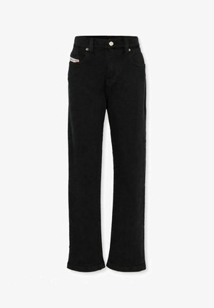 Zwarte rechtgesneden spijkerbroek met vijf zakken, knoop- en ritssluiting en een klein zichtbaar label op de voorste rechterzak.