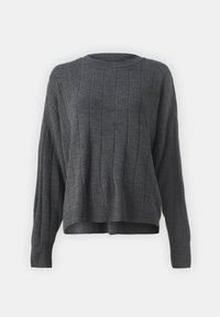 Maglione a coste grigio con scollatura arrotondata e maniche a spalla scesa. Presenta maniche lunghe e orlo cropped. Finitura testurizzata.