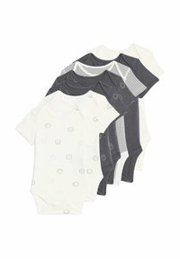 Set van zes baby rompertjes in zachte katoen; kleuren zijn wit met een smiley-print en donkergrijs met strepen en effen ontwerpen.