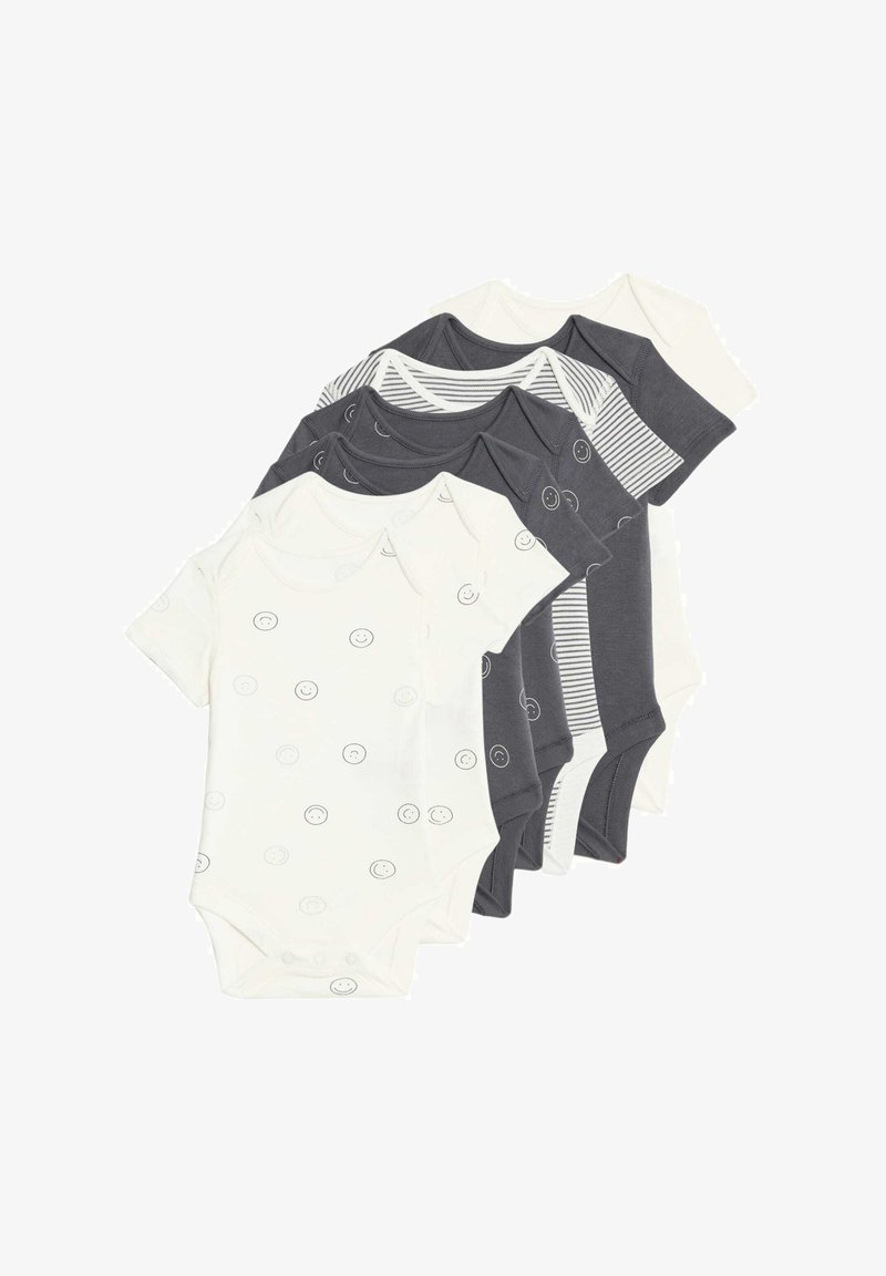 Set of six baby bodysuits in soft cotton; colors include white with smiley print, and dark gray with stripes and solid designs.