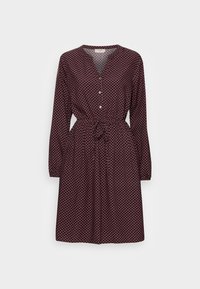 Abito lungo con maniche lunghe e bottoni, di un dark burgundy con motivo geometrico, cintura legata in vita e texture morbida. Di lunghezza media, con scollatura a V.