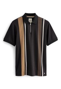 Polo noir avec col demi-zip, détails en mesh et rayures verticales marron, blanches et beiges. Manches courtes, coupe décontractée.